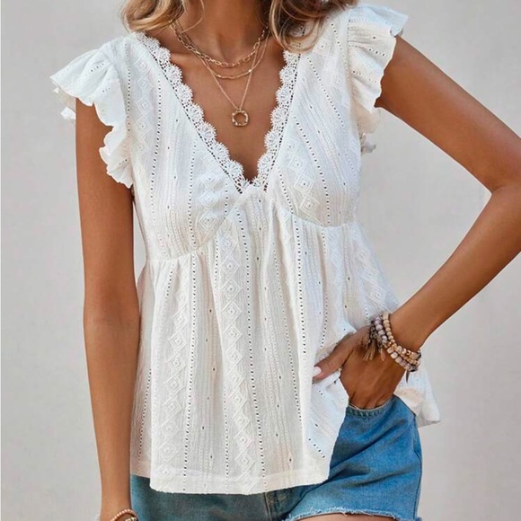 Boho white v neck ruffle babydoll blouse - Picture 3 of 5